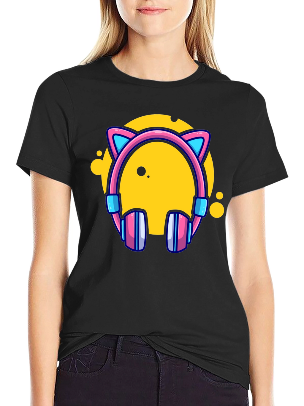 Cat Ear Headphones Graphic Black Tee