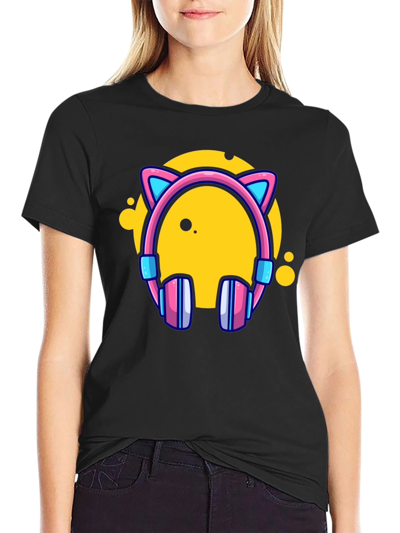 Cat Ear Headphones Graphic Black Tee