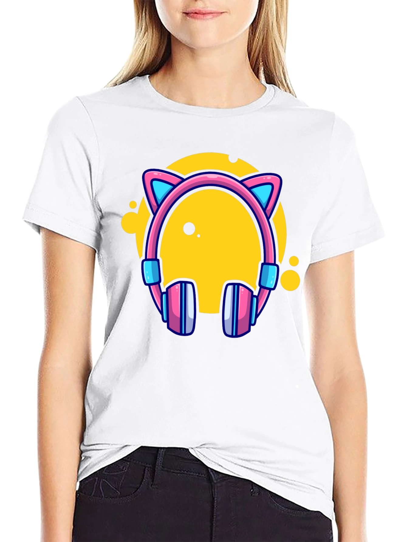 Cat Ear Headphones Graphic Black Tee