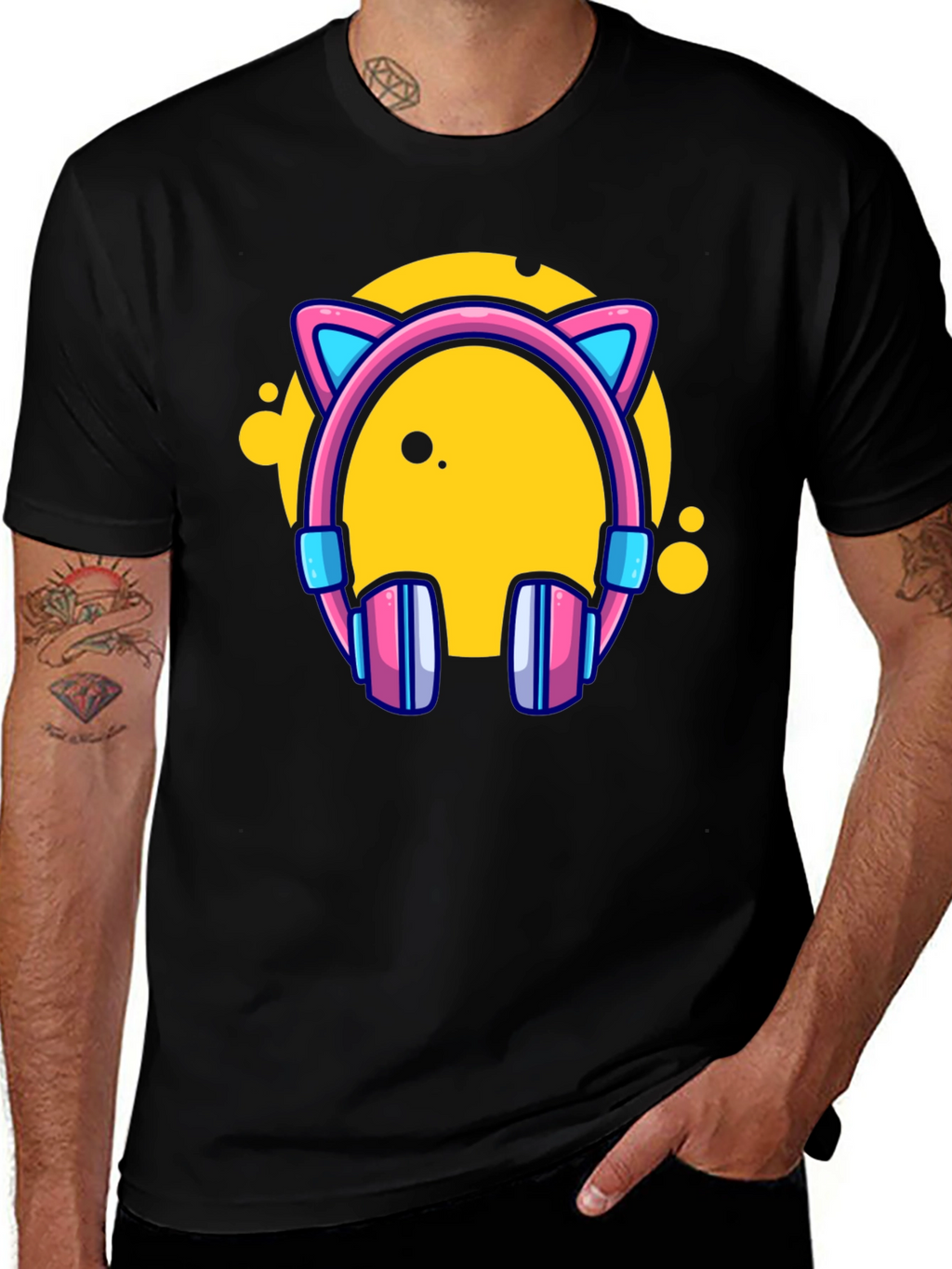 Cat Ear Headphones Graphic Black Tee