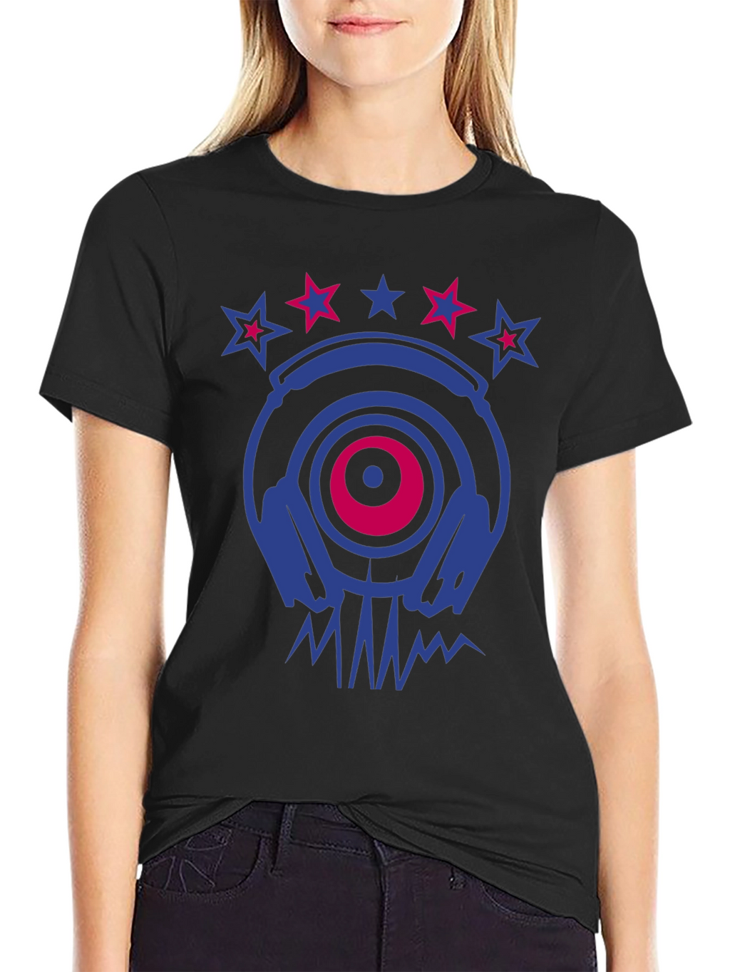 Cool DJ Headphones & Stars Graphic Print T-Shirt