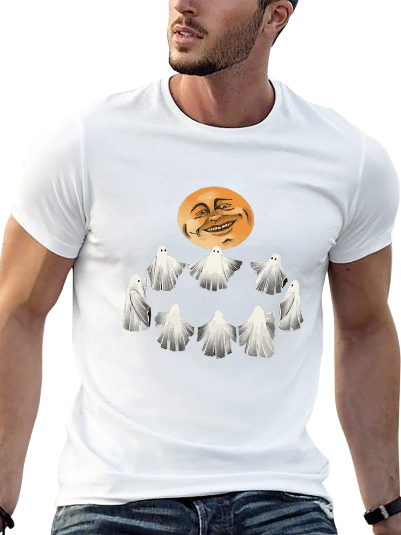 Spooky Ghosts and Moon Graphic Tee - Halloween Style