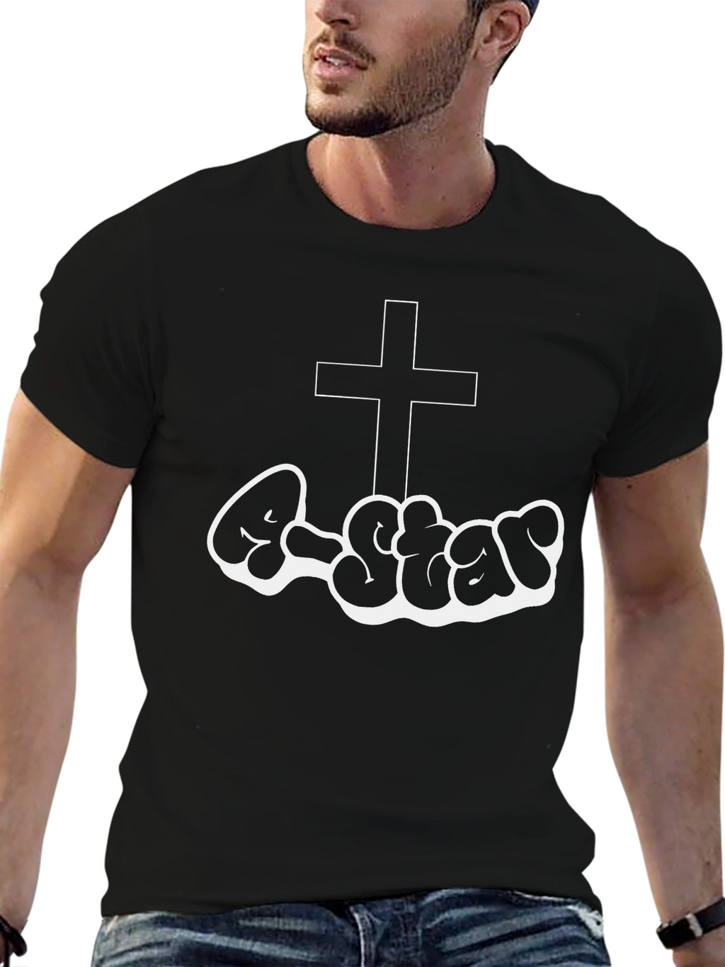 Christian Style Black T-Shirt with Cross and Graffiti