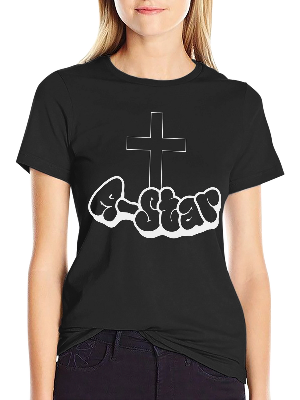 Christian Style Black T-Shirt with Cross and Graffiti