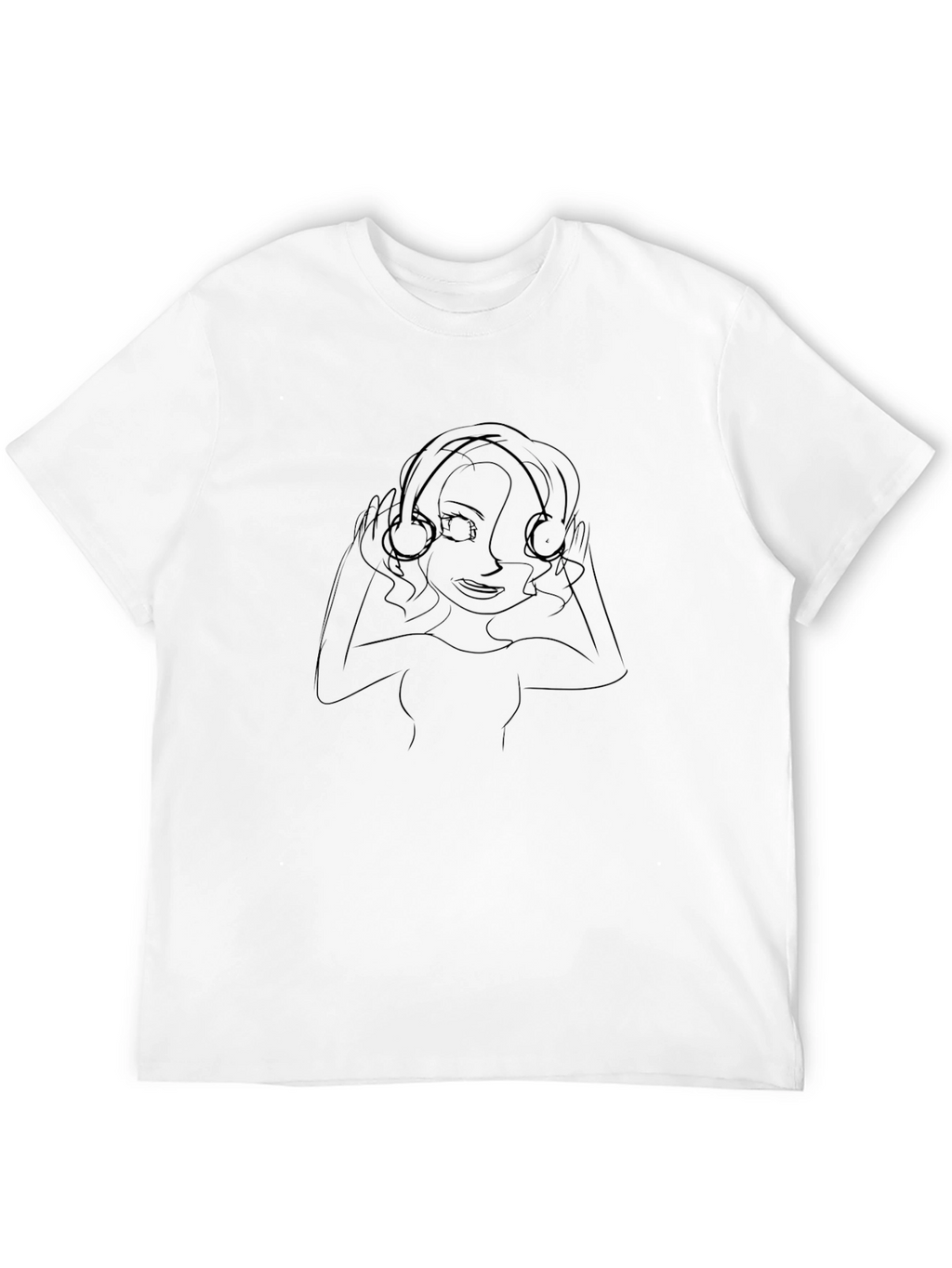 Line Art Girl with Headphones Black T-Shirt