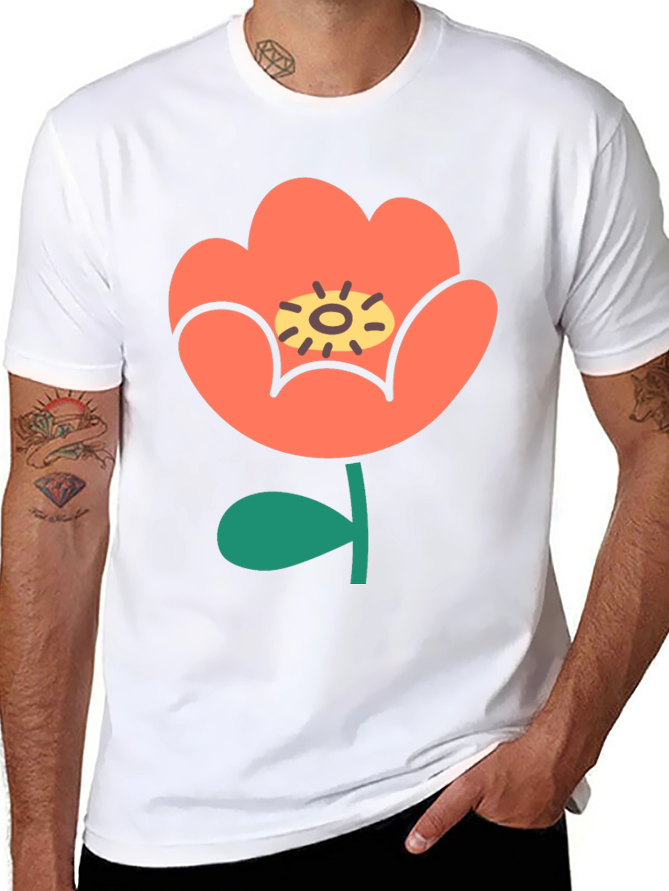 Black T-Shirt with Retro Floral Design