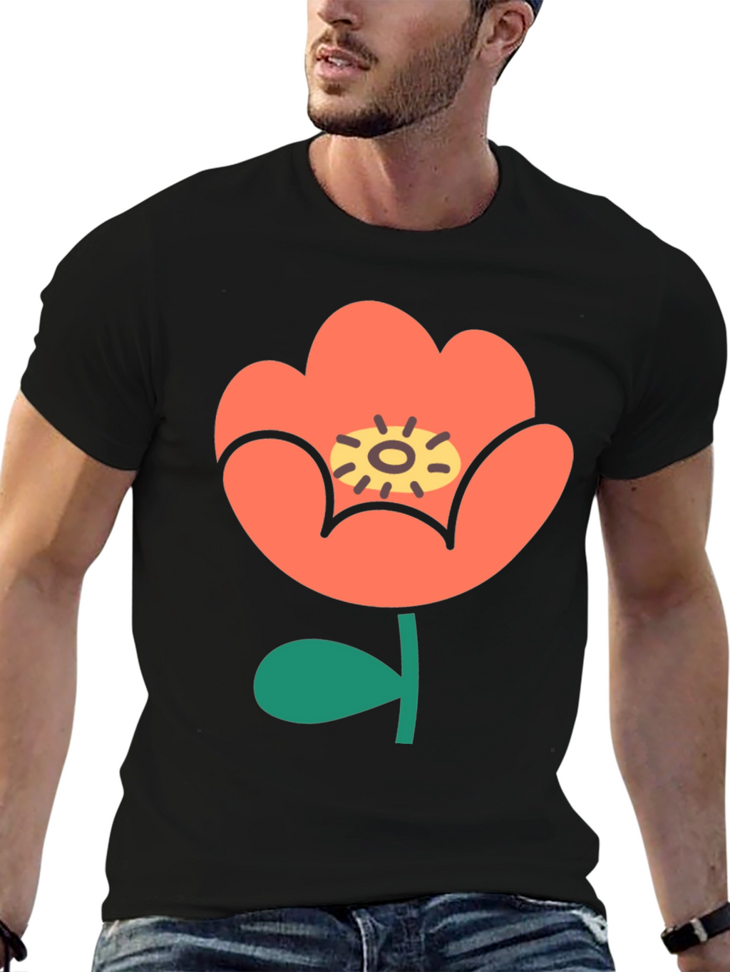 Black T-Shirt with Retro Floral Design