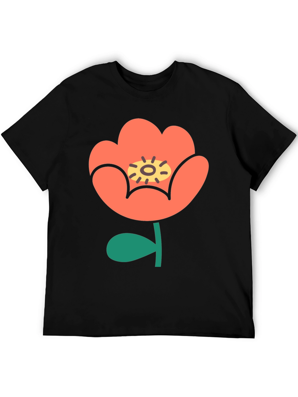 Black T-Shirt with Retro Floral Design