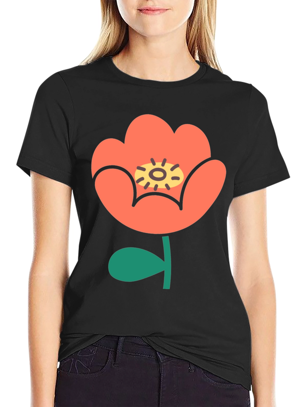 Black T-Shirt with Retro Floral Design