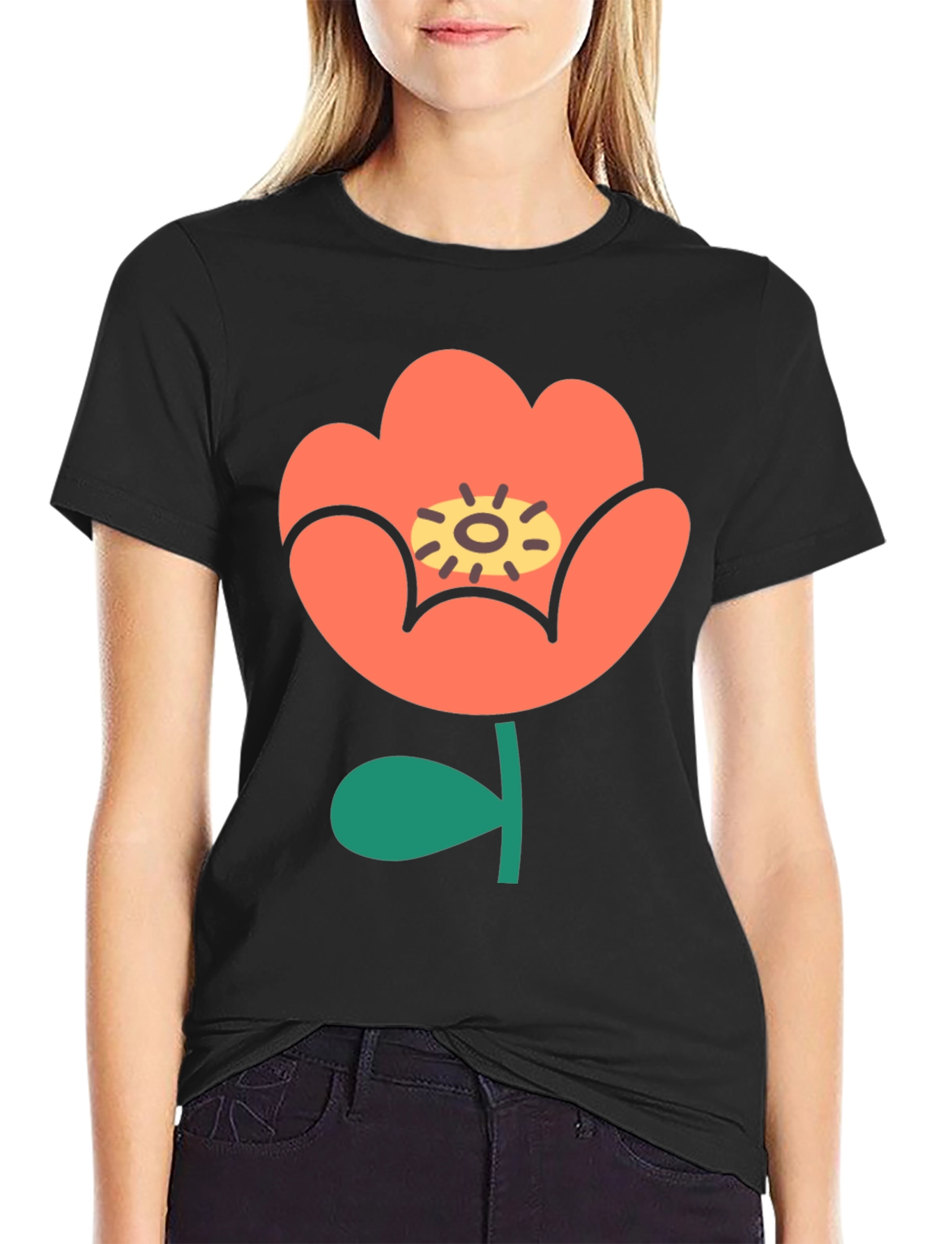 Black T-Shirt with Retro Floral Design