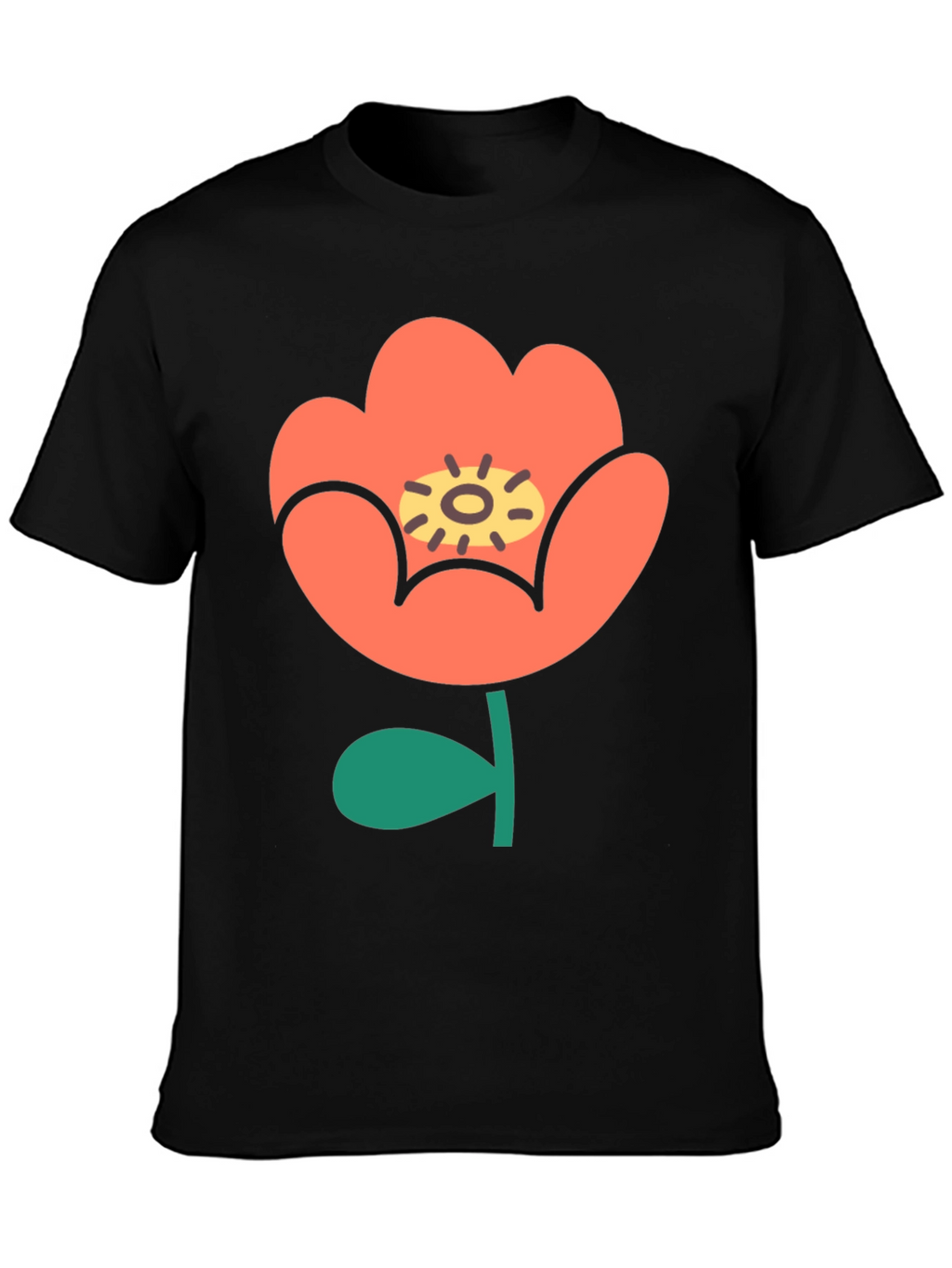 Black T-Shirt with Retro Floral Design