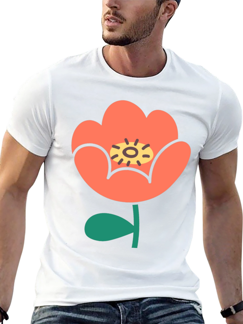 Black T-Shirt with Retro Floral Design