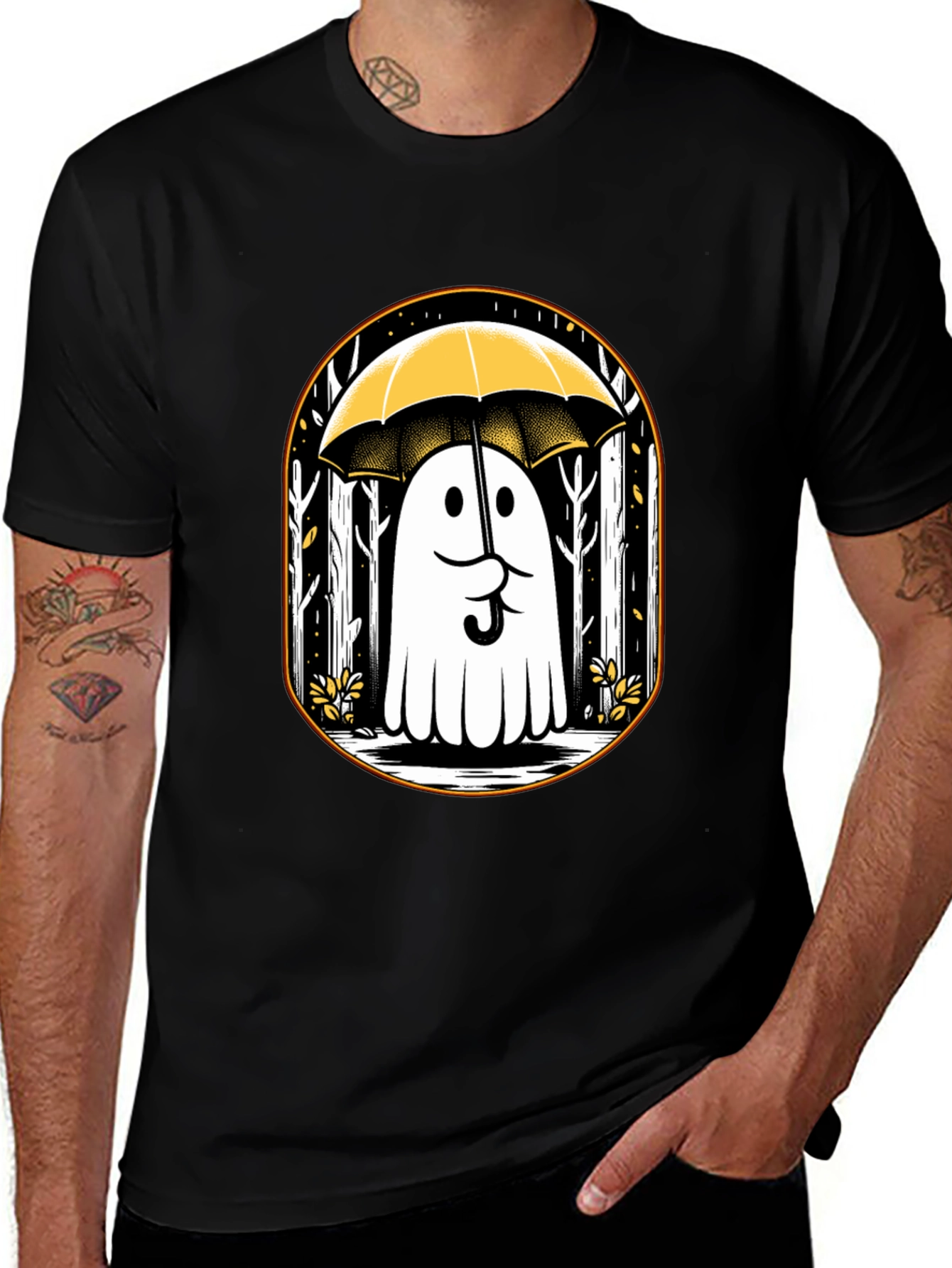 Ghostly Humor Tee: Spooky Umbrella Design