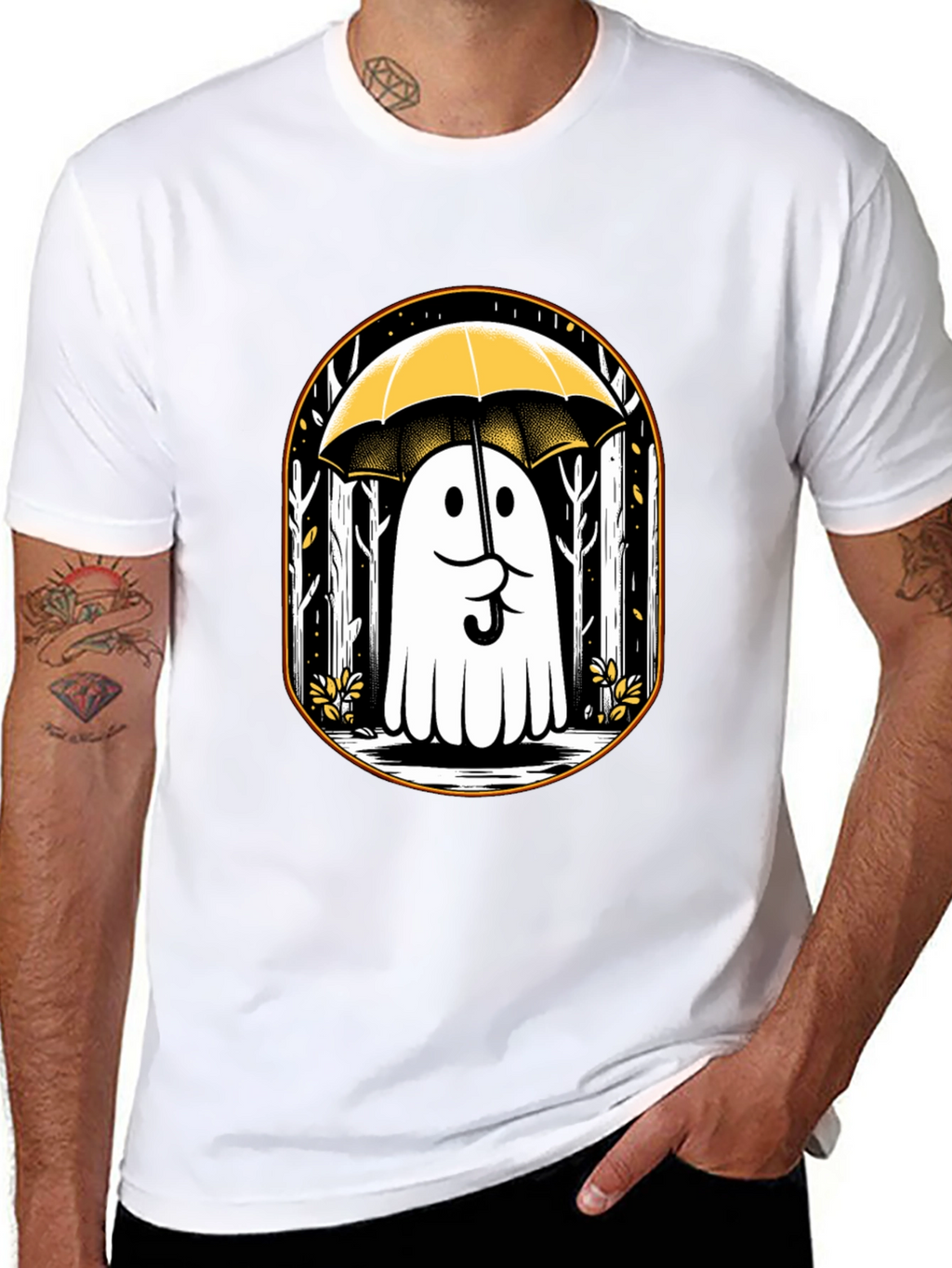 Ghostly Humor Tee: Spooky Umbrella Design
