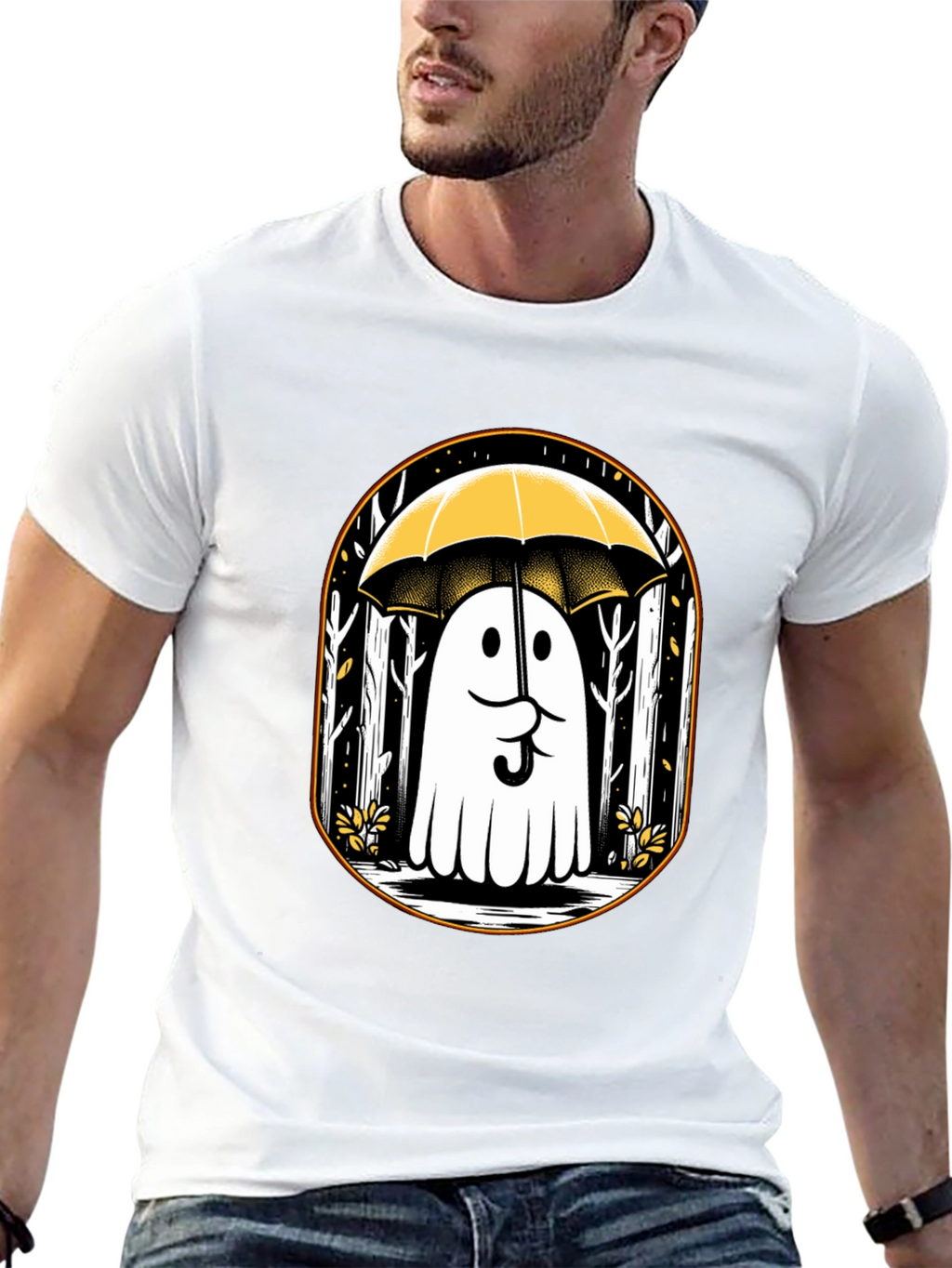 Ghostly Humor Tee: Spooky Umbrella Design