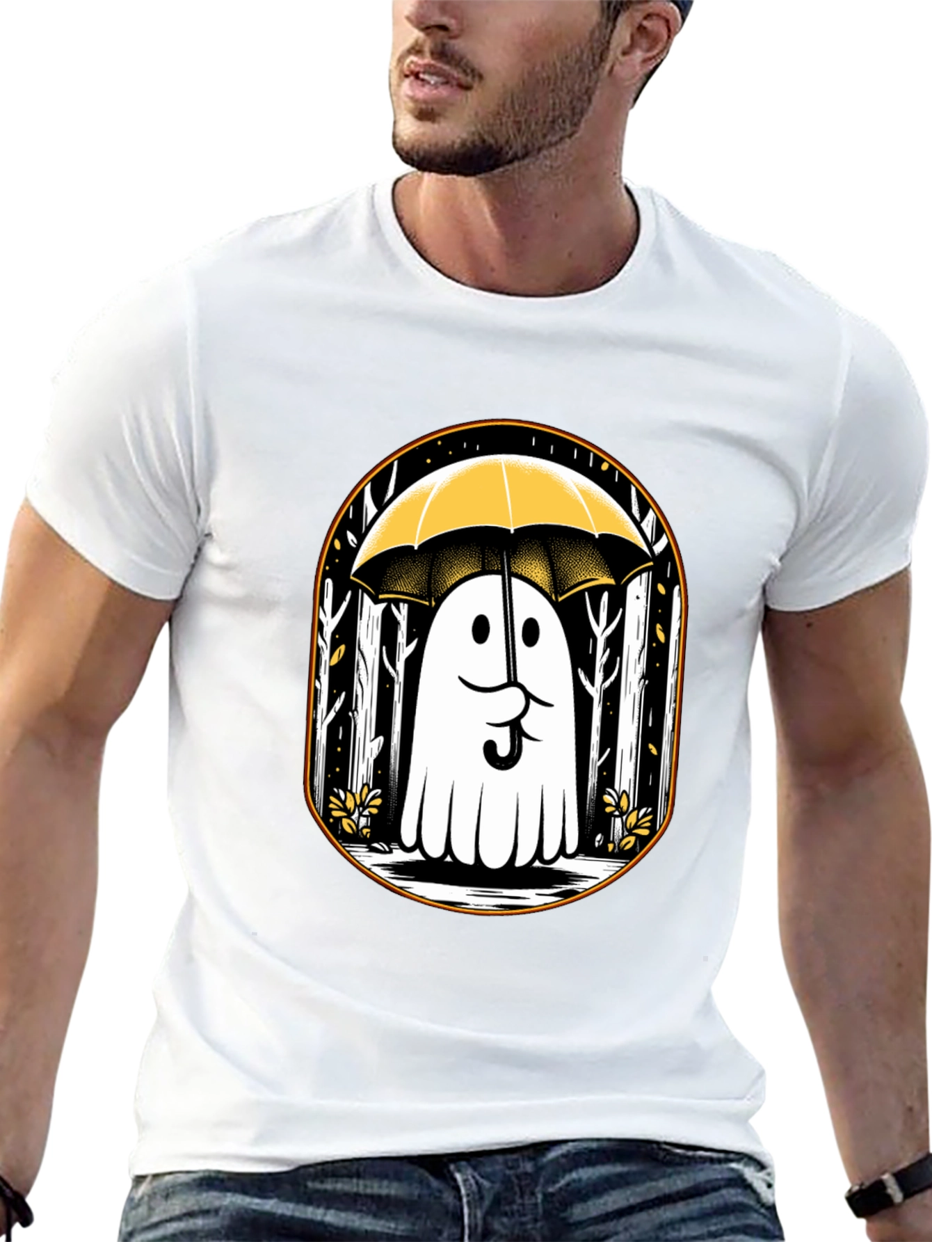Ghostly Humor Tee: Spooky Umbrella Design