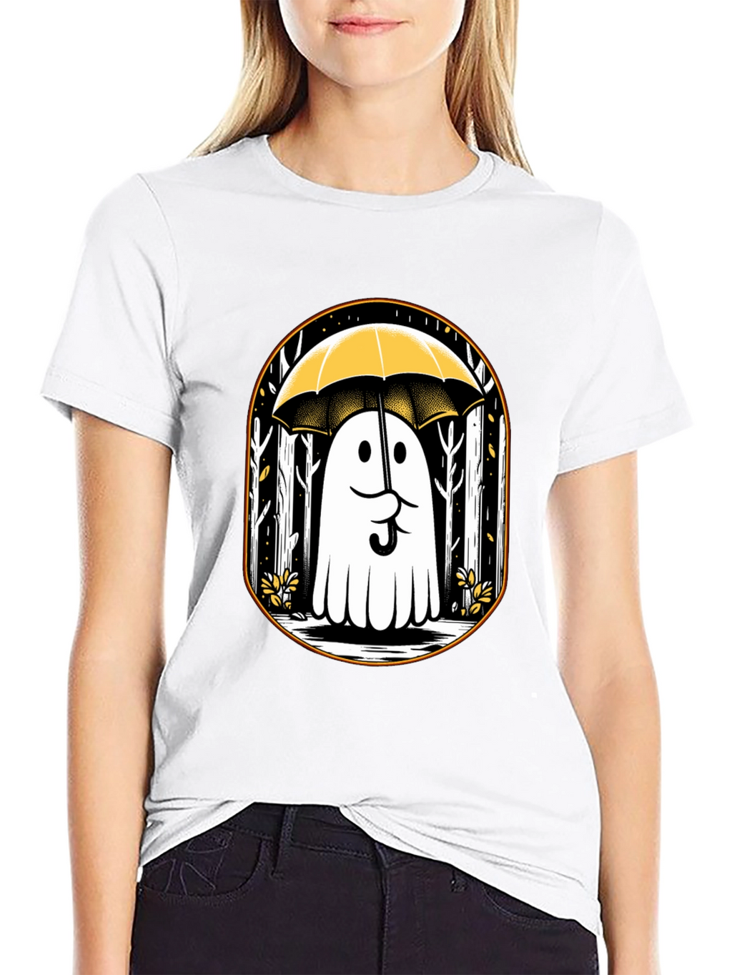 Ghostly Humor Tee: Spooky Umbrella Design