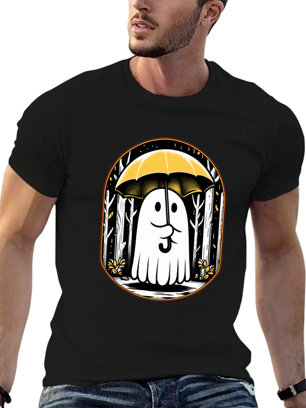 Ghostly Humor Tee: Spooky Umbrella Design