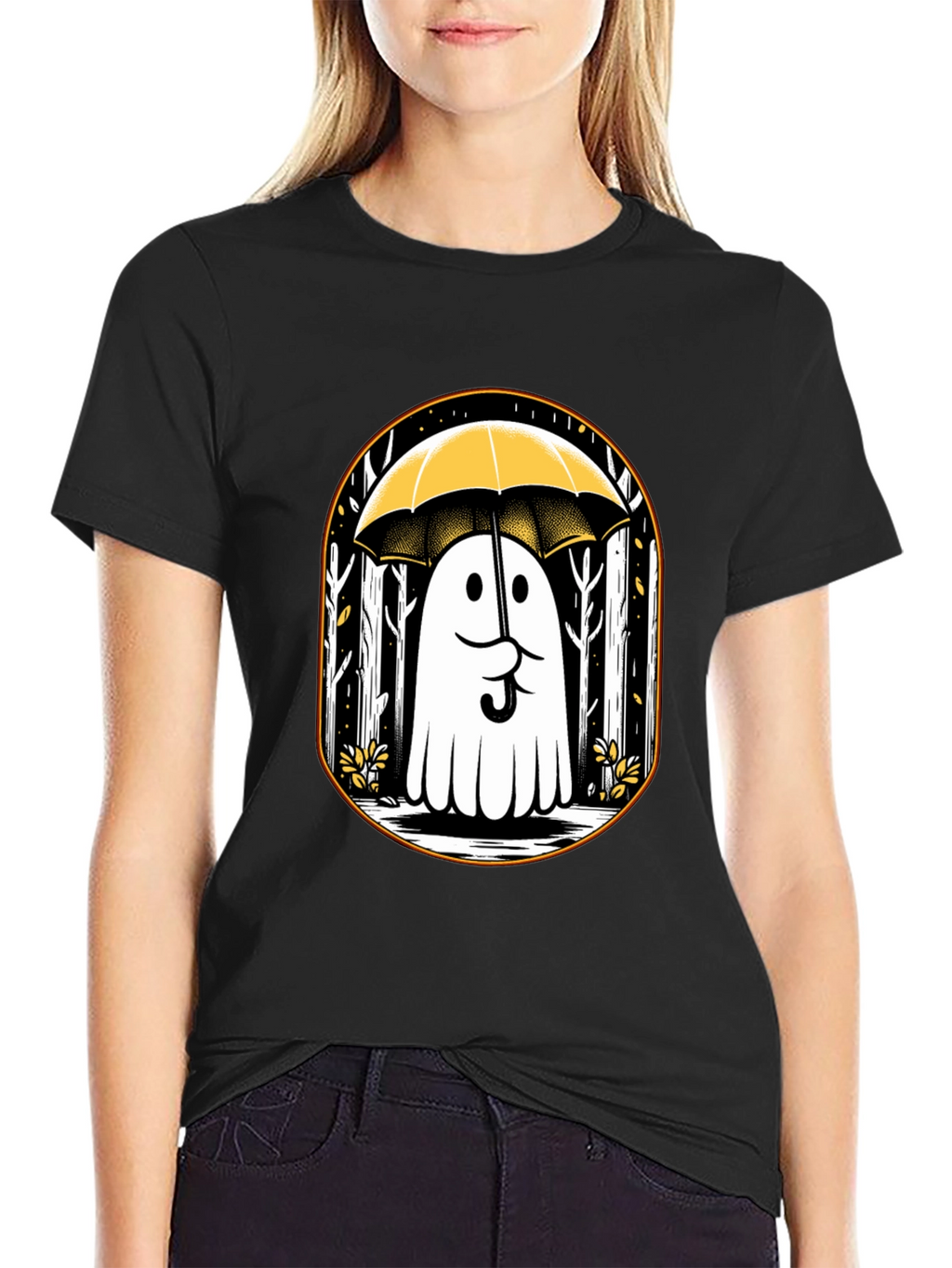 Ghostly Humor Tee: Spooky Umbrella Design