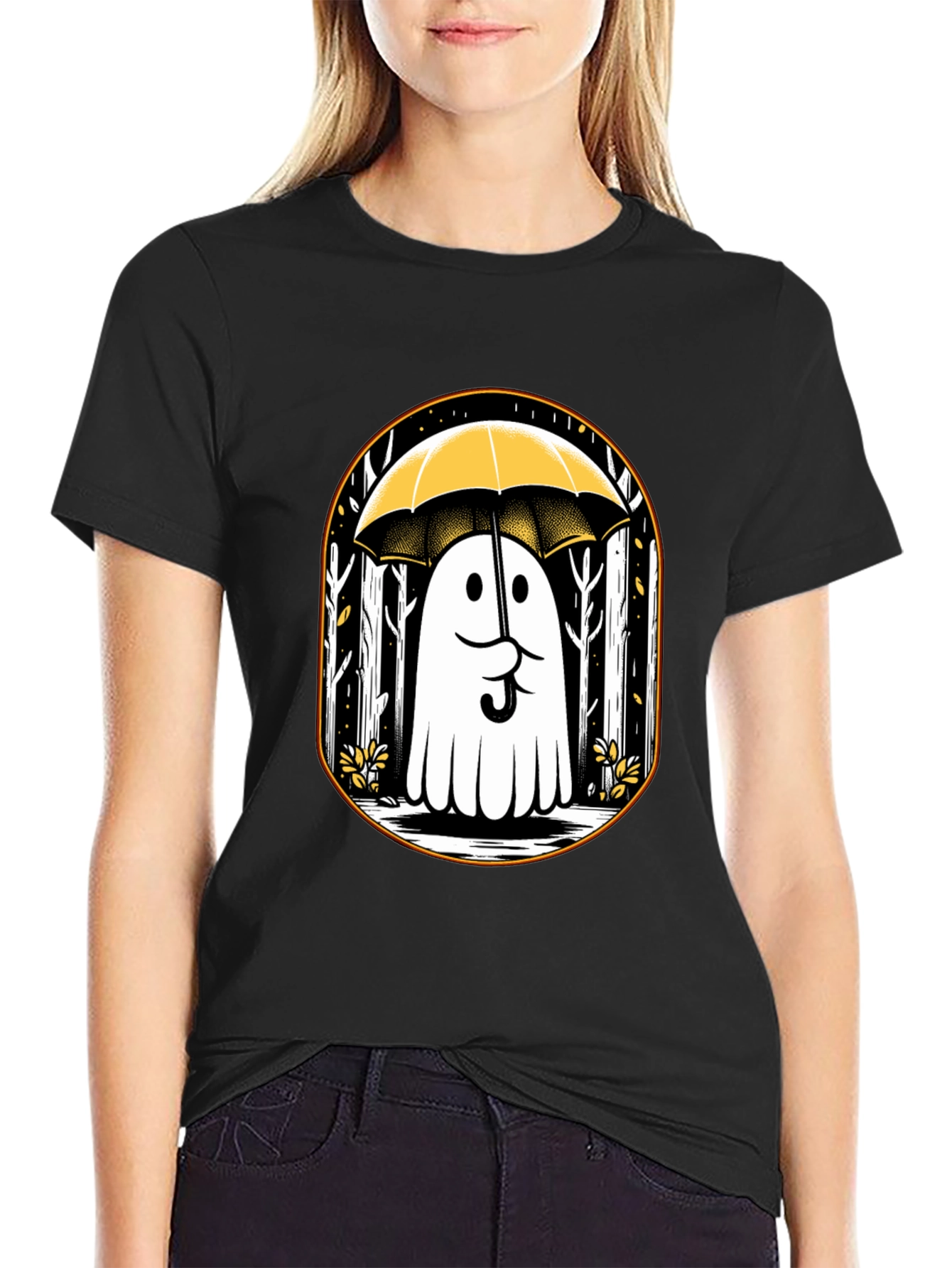 Ghostly Humor Tee: Spooky Umbrella Design