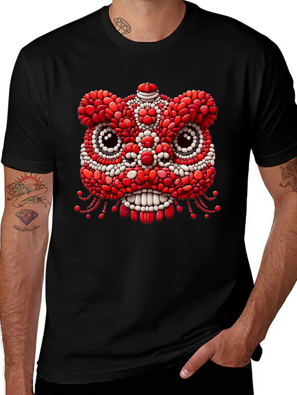 Unique Black T-Shirt with Red & White Lion Design