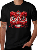 Unique Black T-Shirt with Red & White Lion Design