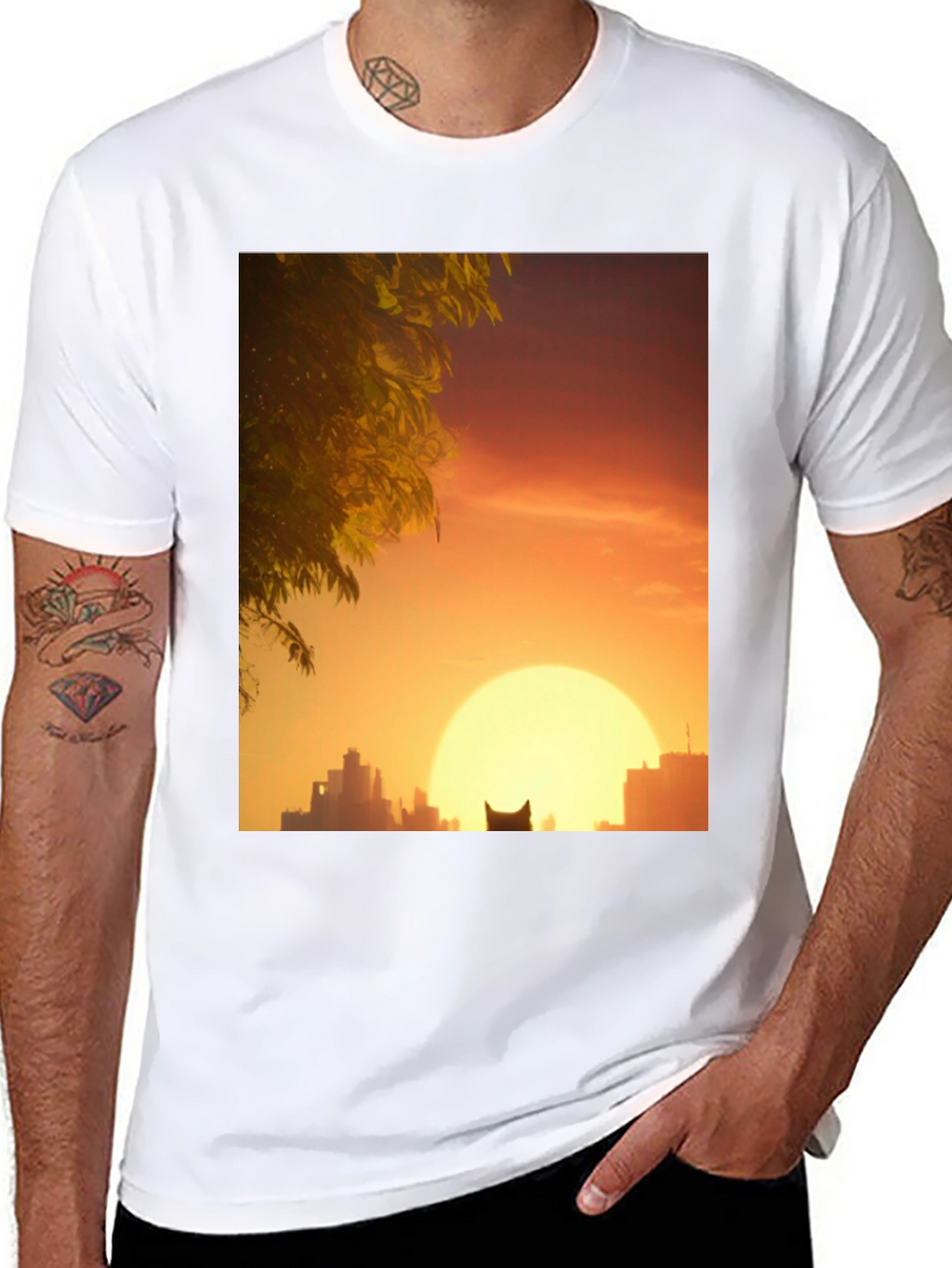 Sunset City Cat Black T-Shirt