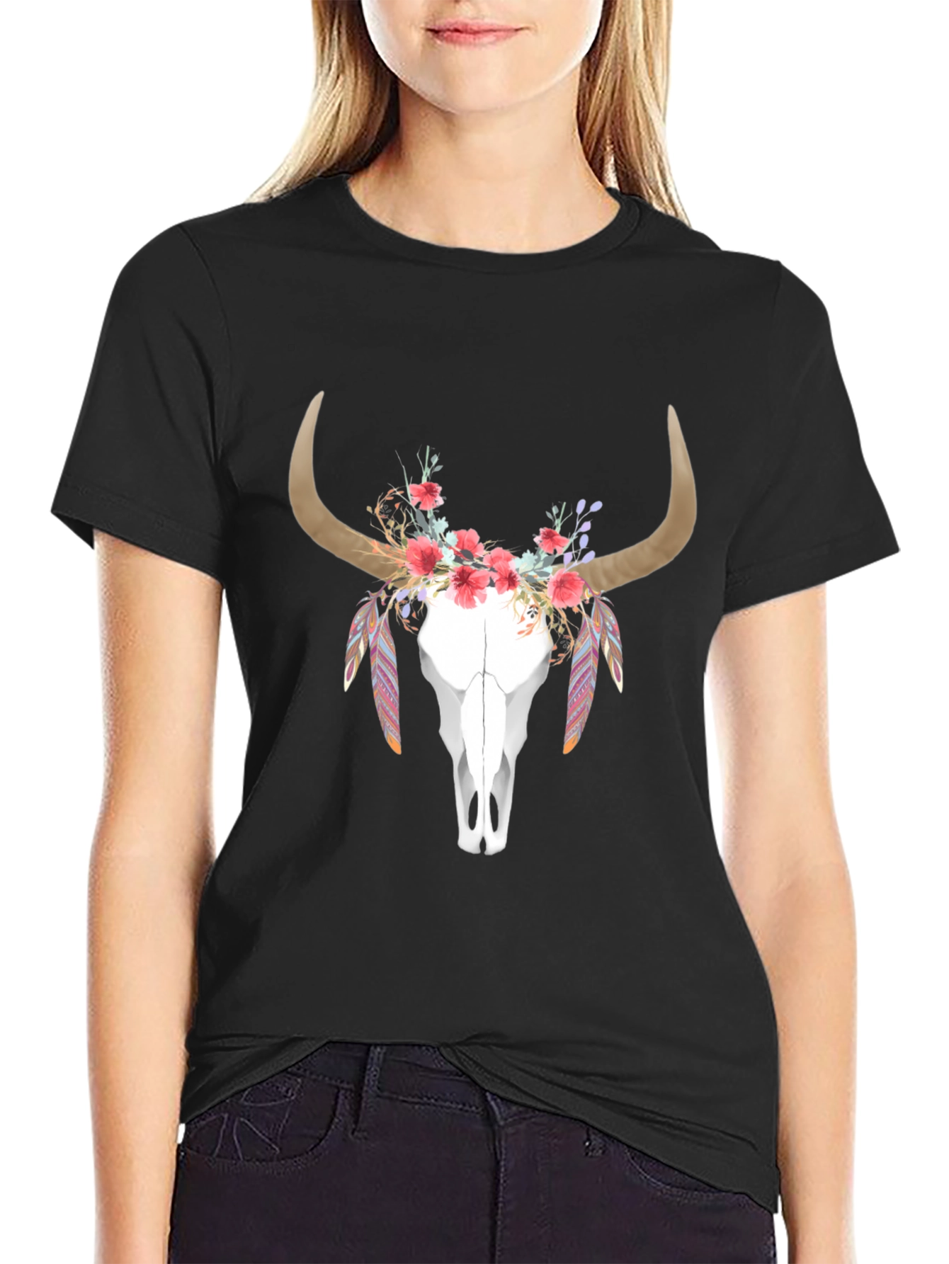 Floral Bull Skull Graphic T-Shirt