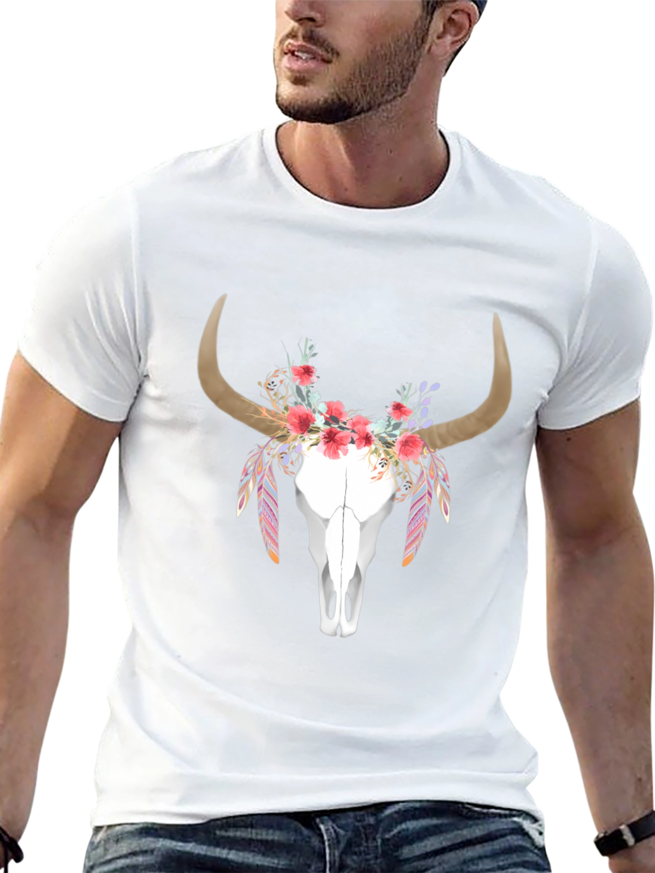Floral Bull Skull Graphic T-Shirt