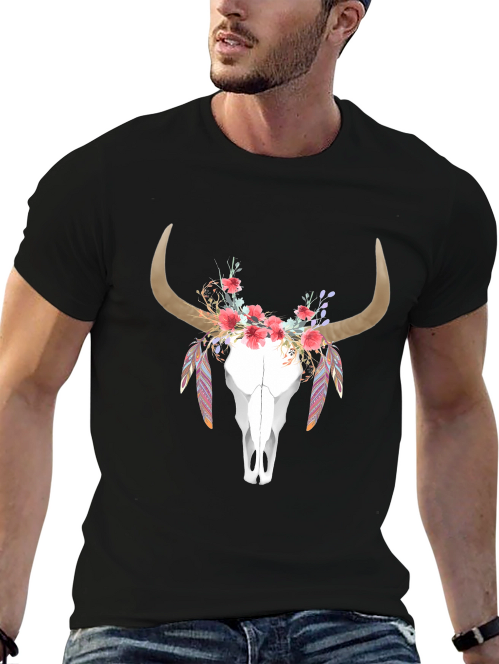 Floral Bull Skull Graphic T-Shirt