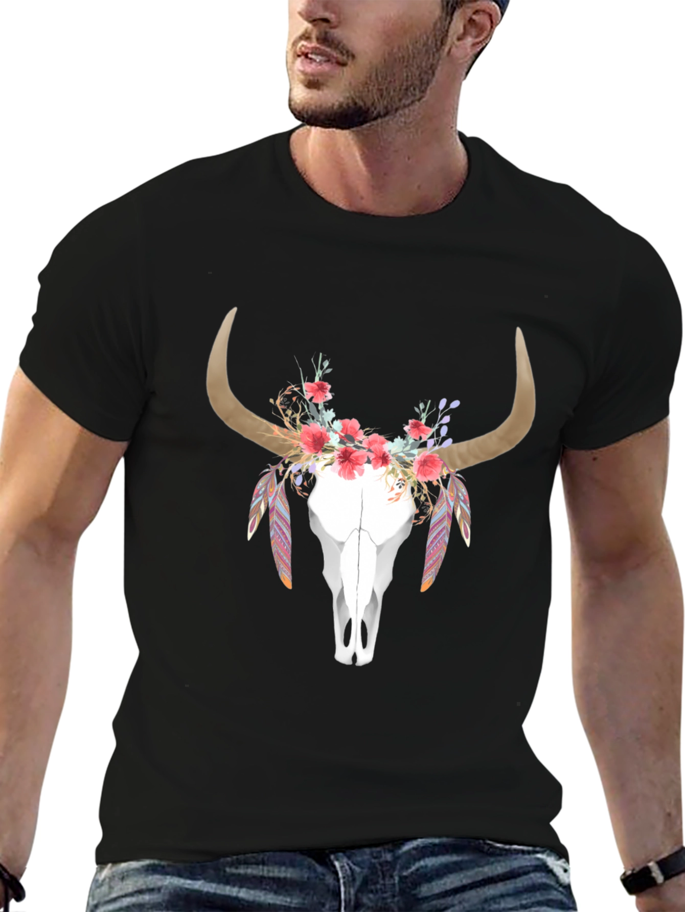 Floral Bull Skull Graphic T-Shirt