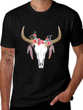 Floral Bull Skull Graphic T-Shirt